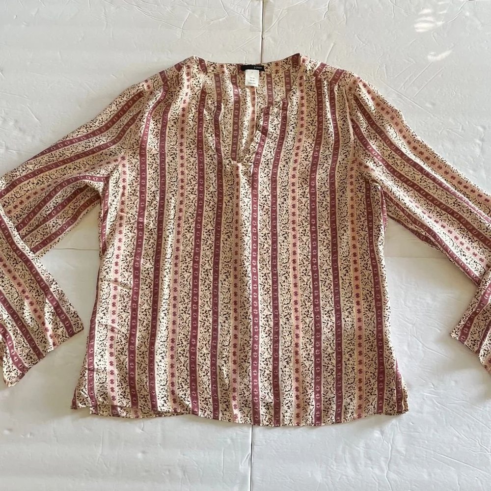 J Crew 100% Silk Pink Floral Split V Neck Boho Blouse LARGE